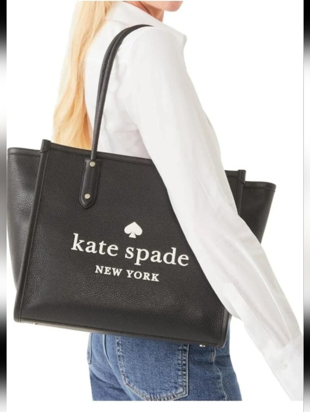 Kate Spade New York Black Leather Tote Large Shoulder Bag Logo RETAILS FOR $399 - Picture 2 of 11